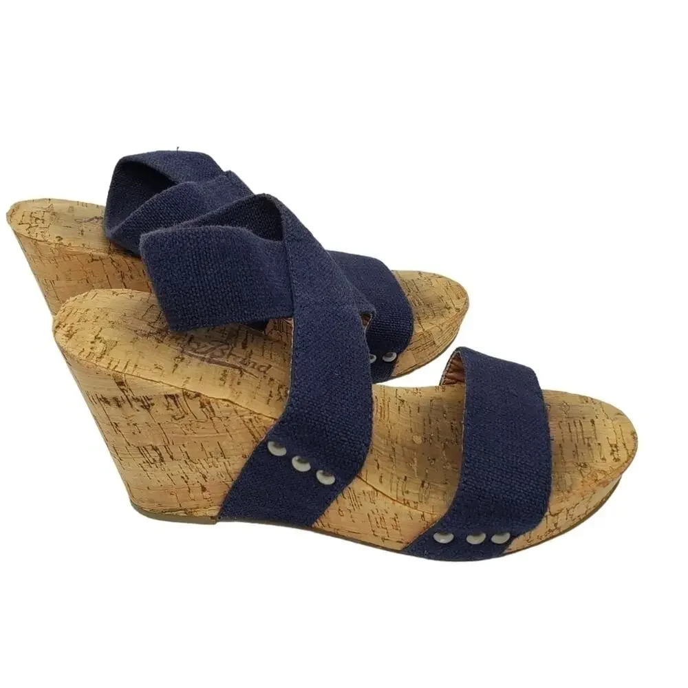 Lucky Brand Cork Wedge Sandal Blue Elastic Makayla Style Sz 6B/36